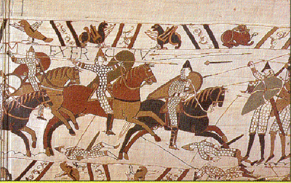 Images of horses with stirrups depicted during the Norman Invasion of England on the Bayeux Tapestry